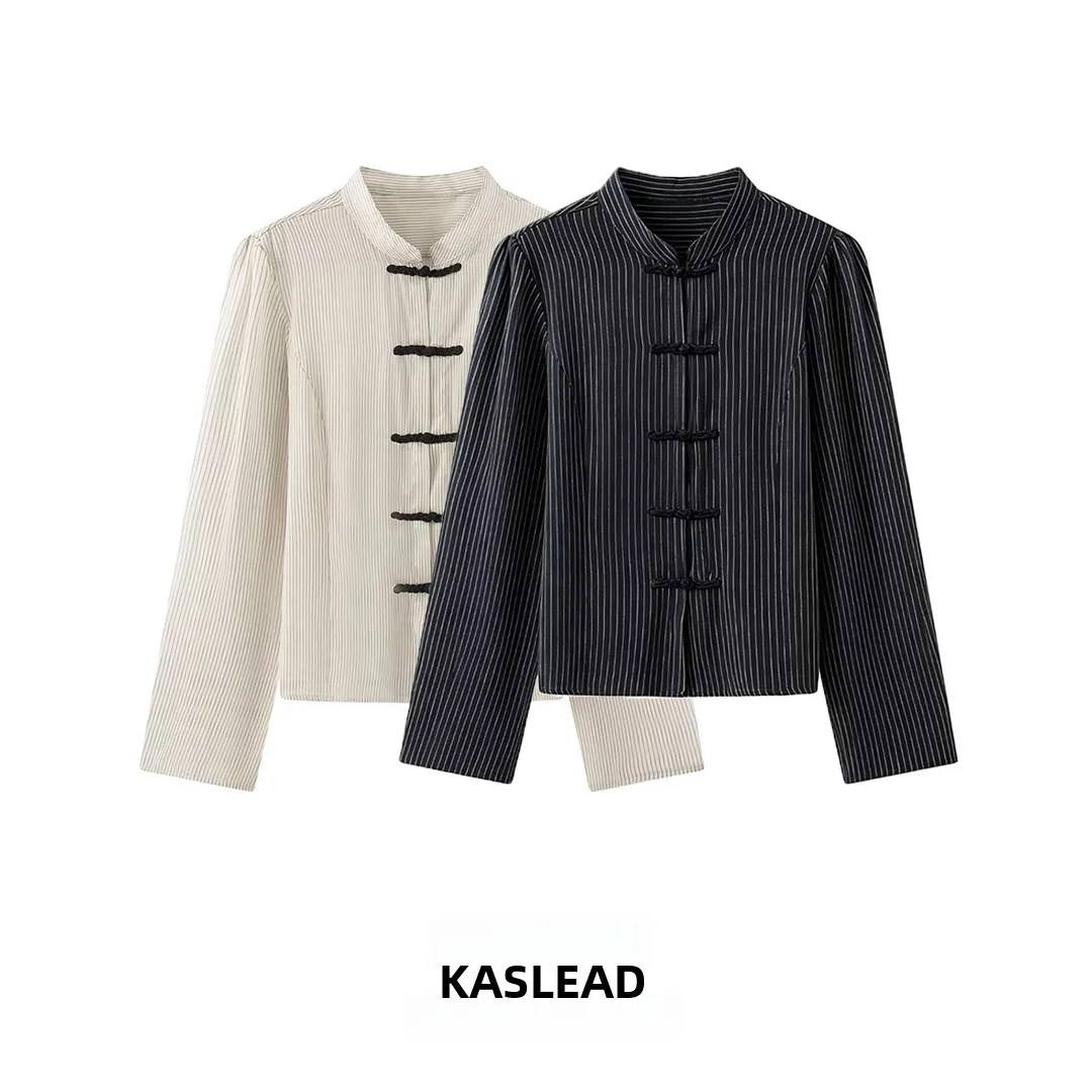 KASLEAD New Women's Fashion Simple Long Sleeve round Neck Striped Rope Knot Shirt Street Style Loose Fit Breathable Polyester