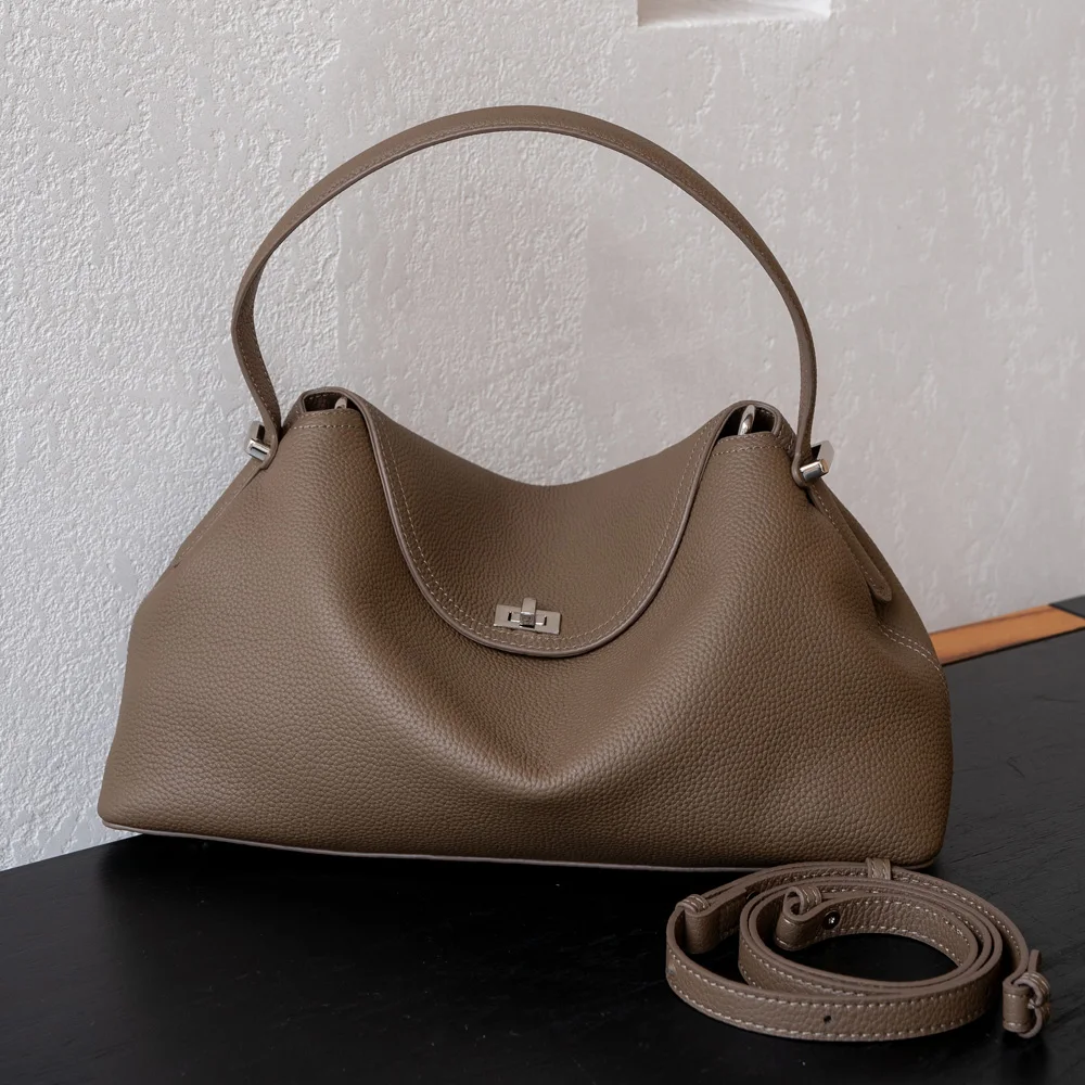 Luxury Women Genuine Cowhide Pillow Bag Turn Lock Flap Top Handle Handbag Large Capacity Leather Shoulder Bag Daily Commuter Bag