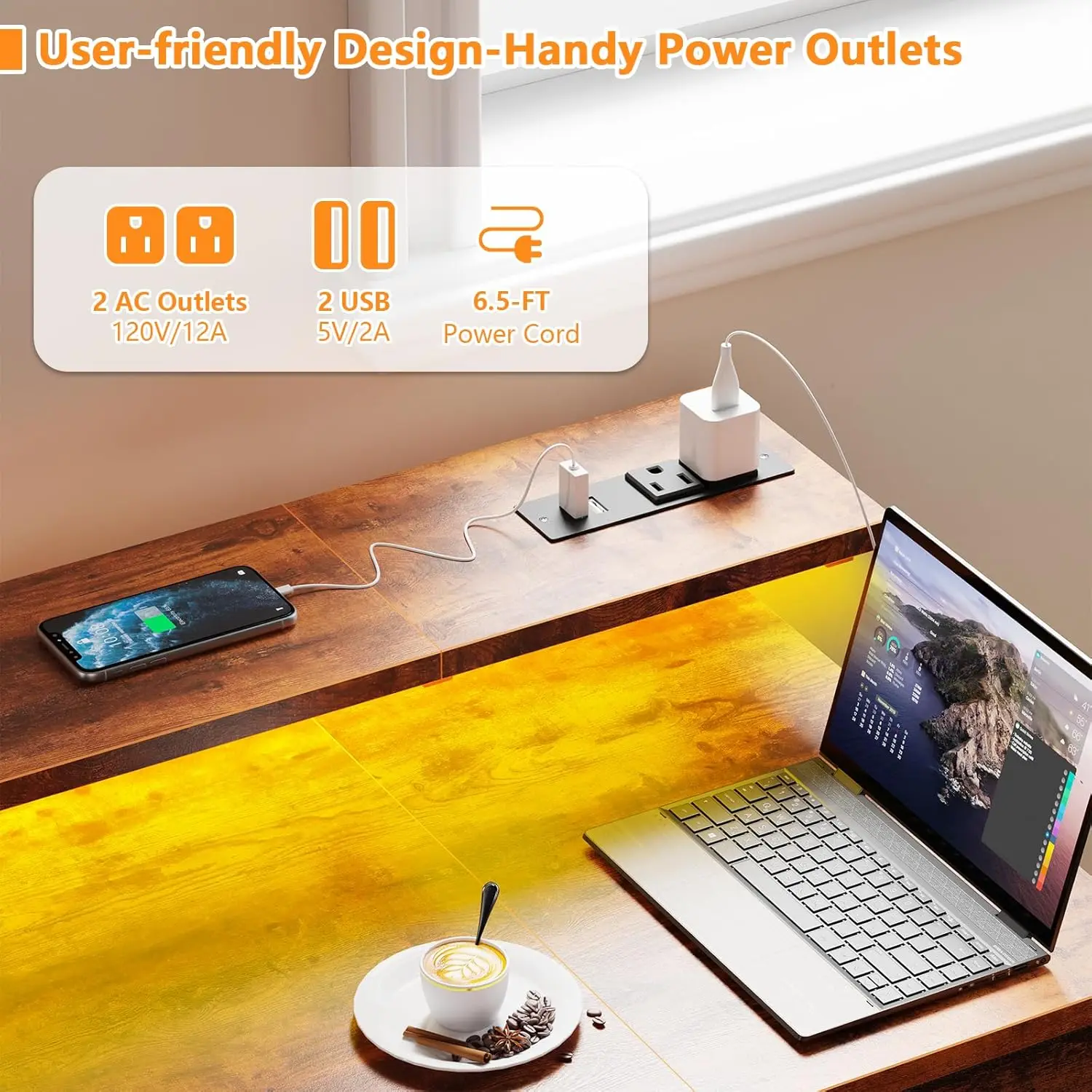 مكتب كمبيوتر بإضاءة LED مقاس 55 بوصة مع منافذ طاقة وأدراج تخزين وحامل شاشة لأعمال الكتابة في المكاتب المنزلية #4