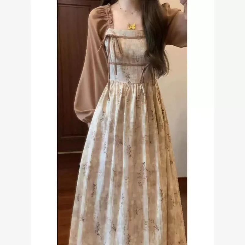 Retro High-end Feeling Super Good-looking Fake Two-piece Coffee Break Floral Dress Niche Non-collision Long Skirt