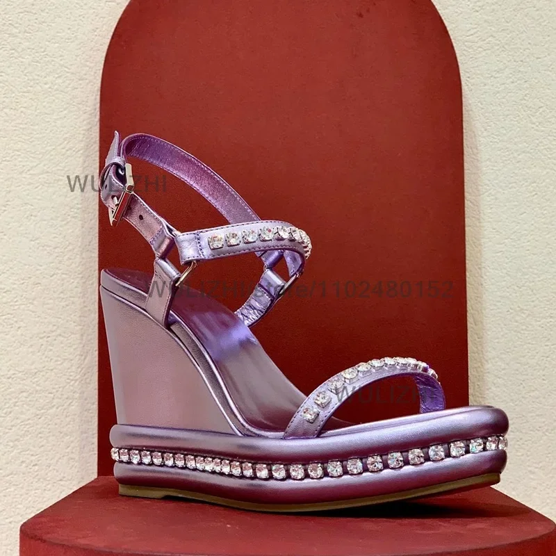 

Purple Glossy Leather Crystal Bordered Wedge Bling Women 12Cm Platform Open Gold Buckle White Simple Diamond Dress Wedding Shoes