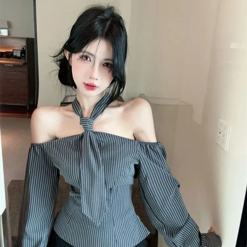 New Spring Autumn Long-sleeved Shirts One-line Chic Striped Temperament Slimming Versatile Tops Shirts