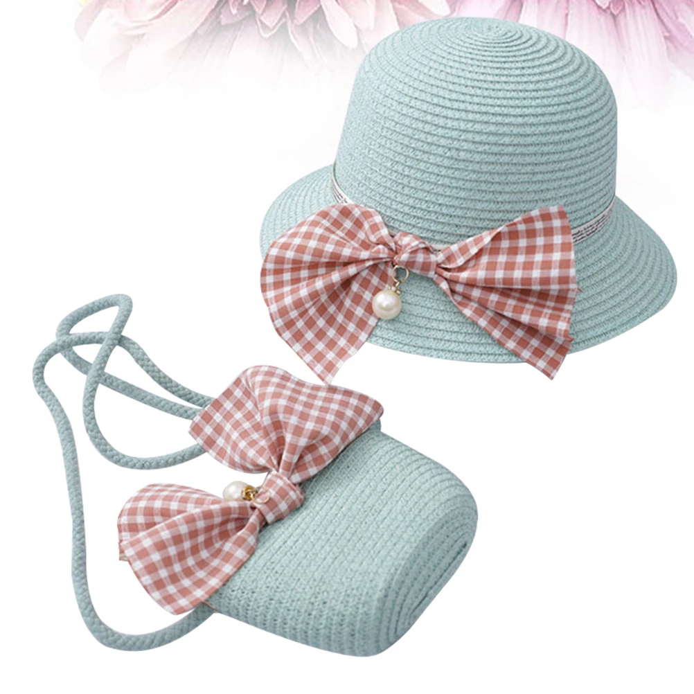 

1 set 1 Set Beach Straw Hat For Children Uv Protection Wide Brim Lightweight Sun Hat Mint Green Portable Gift Kids Outdoor Use