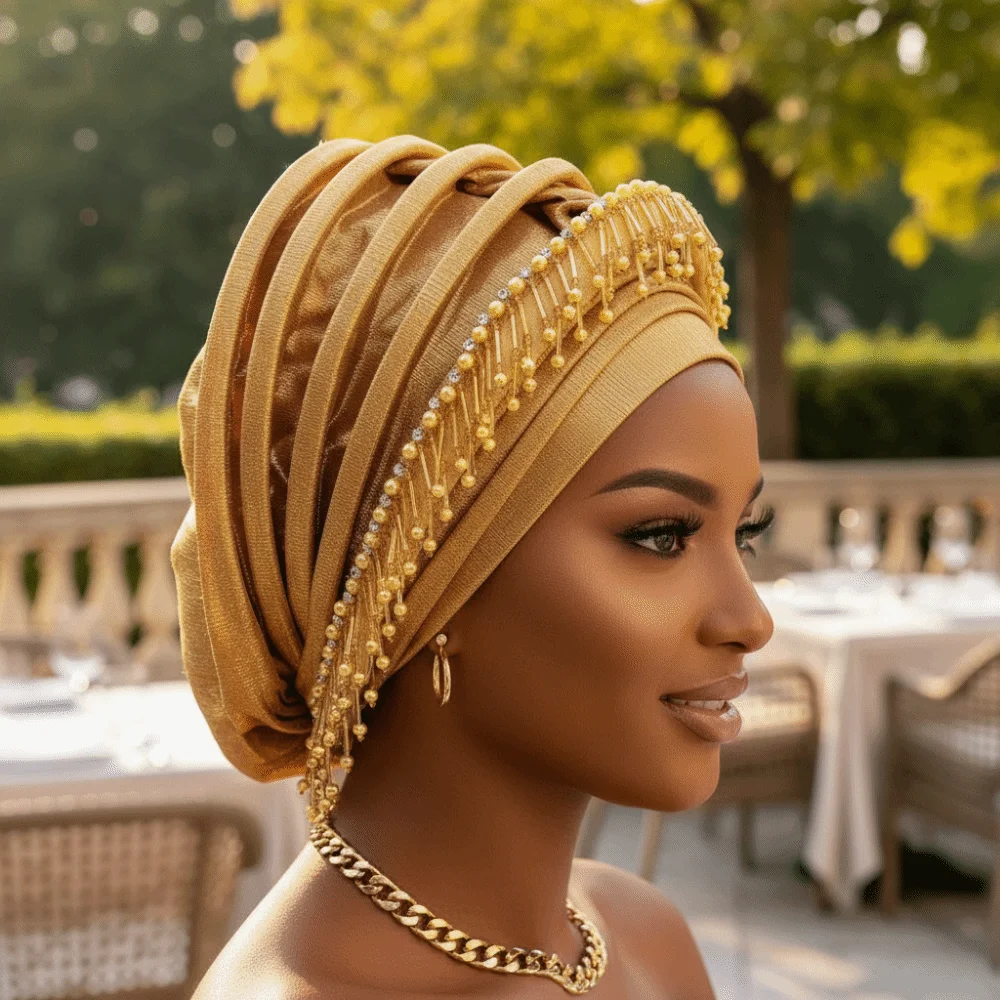 Pleated Bonnet Structured Auto Gele Layered Metallic African Turban Pre-tied Handmade Beaded Headtie Nigerian Wedding