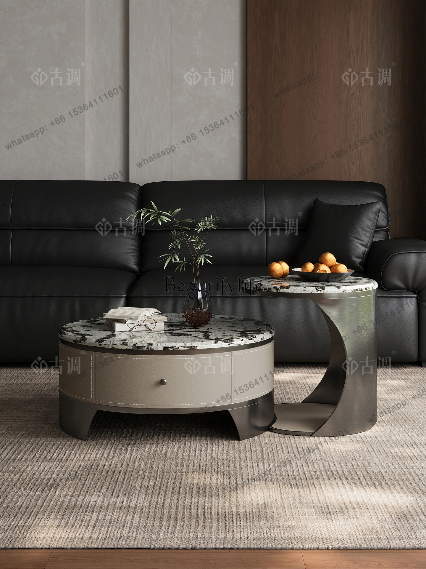 CJNatural Luxury Stone Coffee Table Combination Living Room Household Marble Round Coffee Table