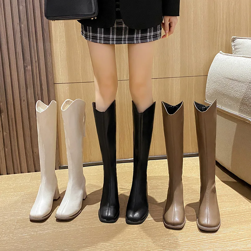 

Модные женские высокие сапоги выше колена с V-образным вырезом, квадратным носком и массивным каблуком, эластичные, осенне-зимние, теплые