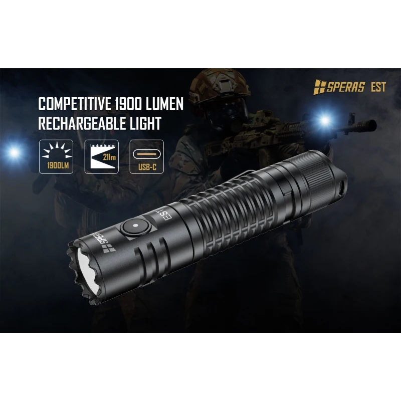 SPERAS EST Tactical Flashlight 1900Lumen Powerful Type C USB Rechargeable 18650 LED Rechargeable Army Military Tactical Lamp