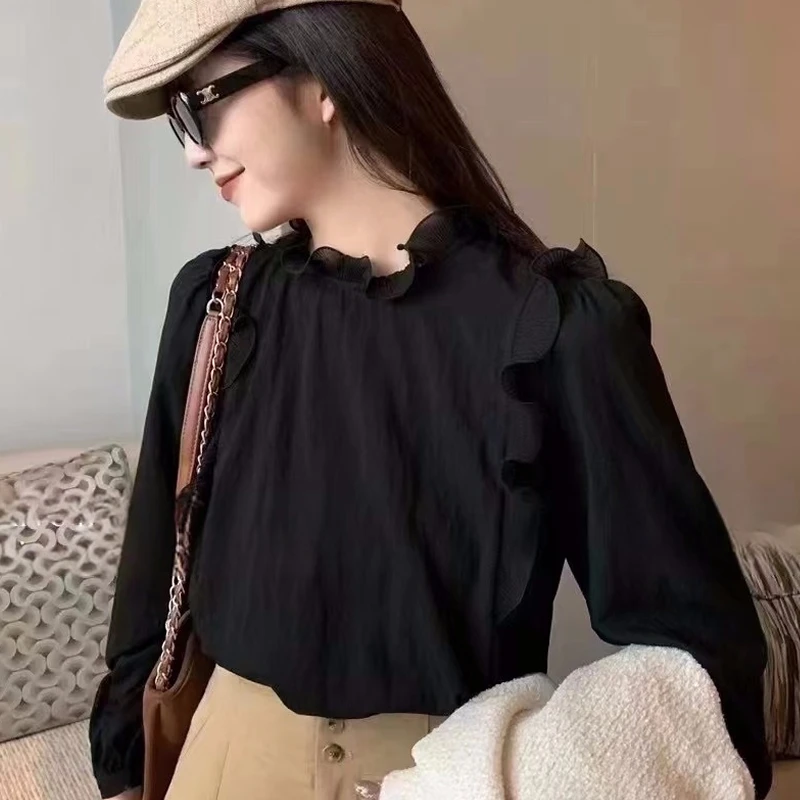 Neploe 2024 Autumn Korean Loose Simple Temperament Blouses Femme Age Reducing Sweet Gentle Stand Up Collar Mushroom Edge Shirt