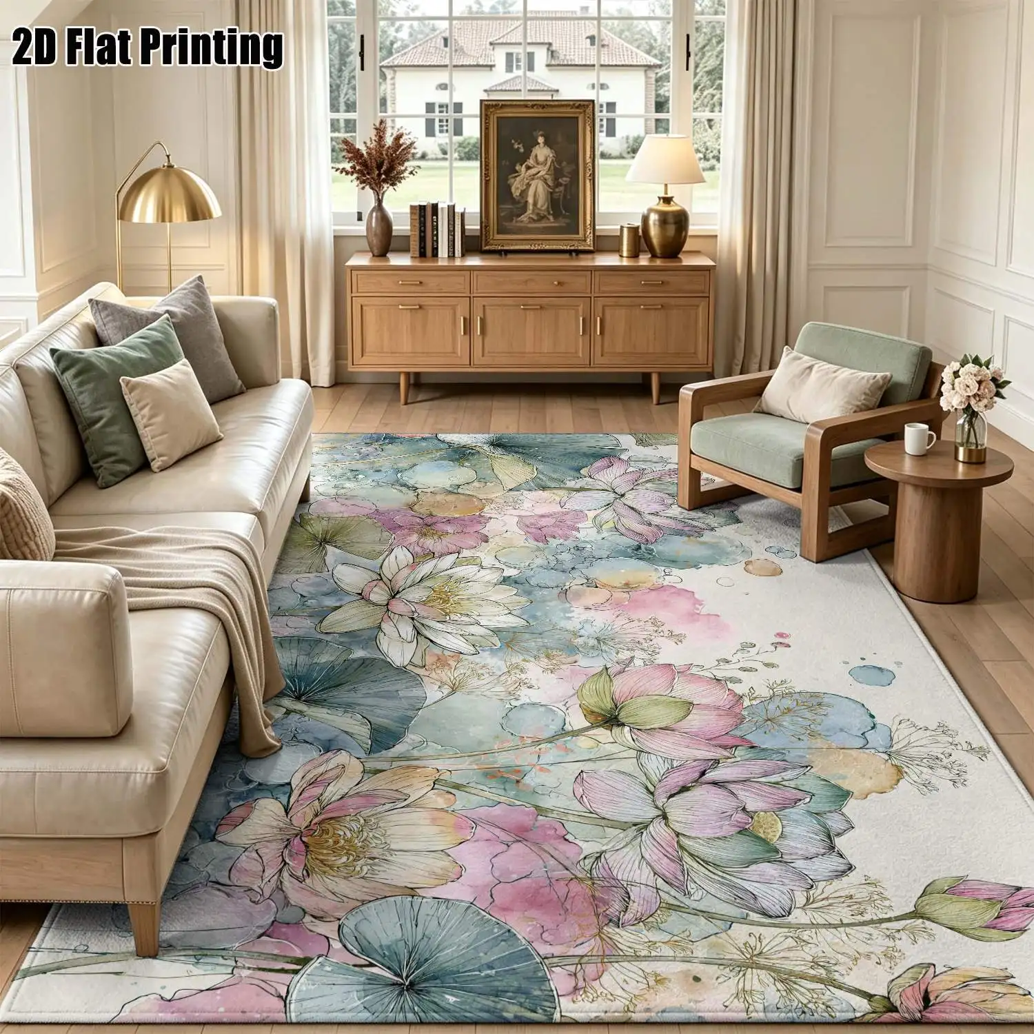1Pc 2D Printed Carpet: Pink-Blue Floral Pattern, Nordic/Instagram/Modern Minimalist/Vintage/Watercolor Style, Home Decor, Multi-Size, Machine Washable, for Entrance, Dining Room, Foyer, Bedroom, Living Room