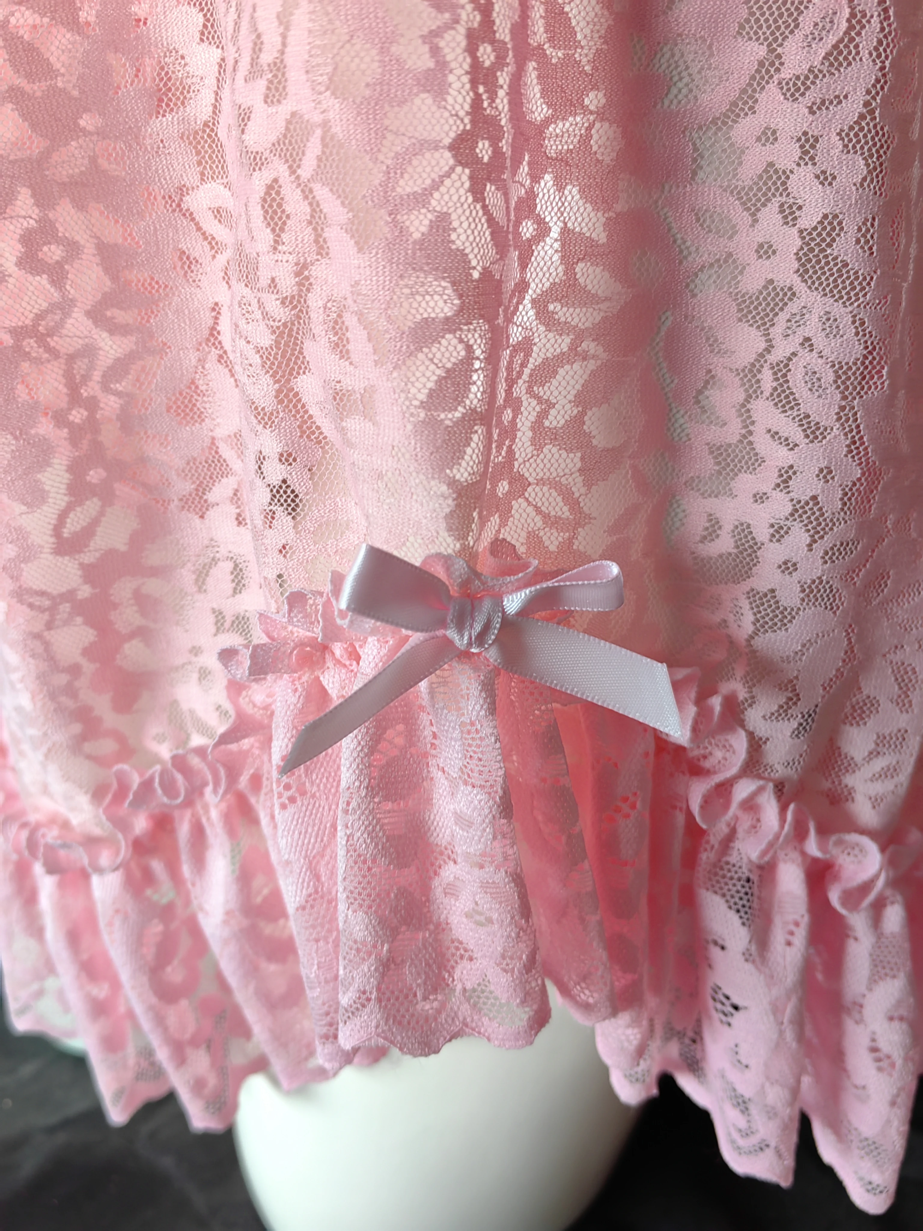 Plus Size Pink Floral Lace Babydoll Nightgown Women See Through Ruffle Hem Bow Decor Slip Dress Sexy Lingerie Sleepwear view 6