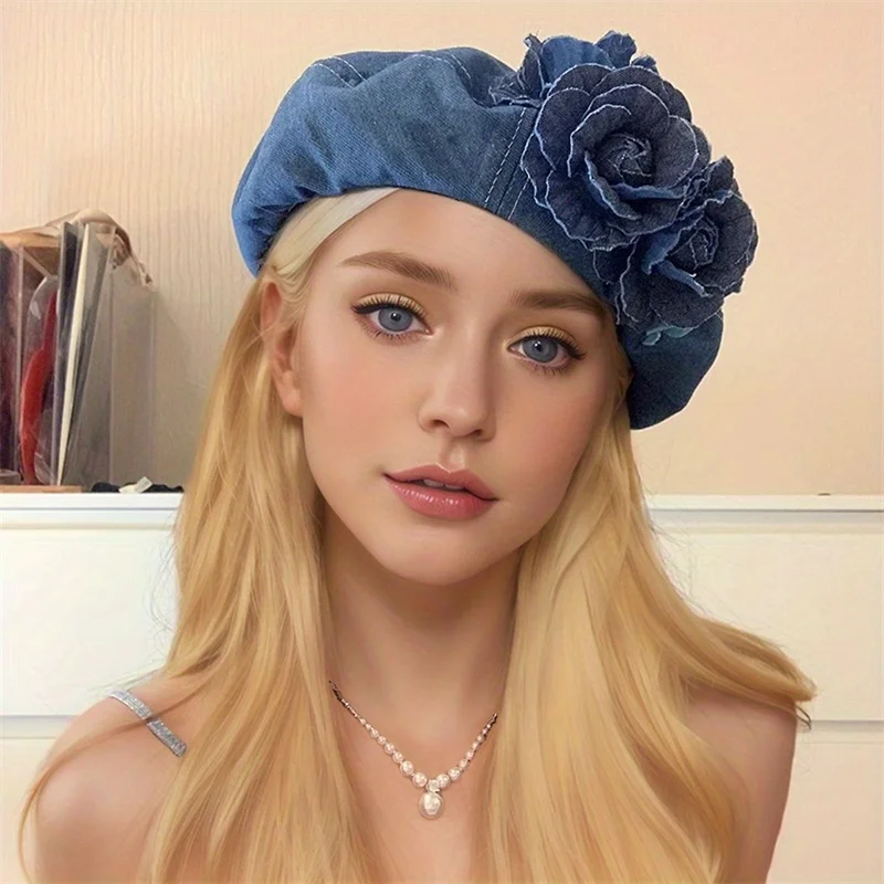 Stylish denim beret with 3D floral embellishment - trend contrast color, foldable painter hat for women