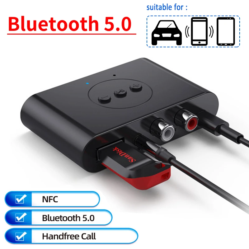 Receptor de Audio con Bluetooth 5,0, disco en U, NFC, RCA, 3,5mm, conector AUX, adaptador inalámbrico de música estéreo con micrófono para Kit de