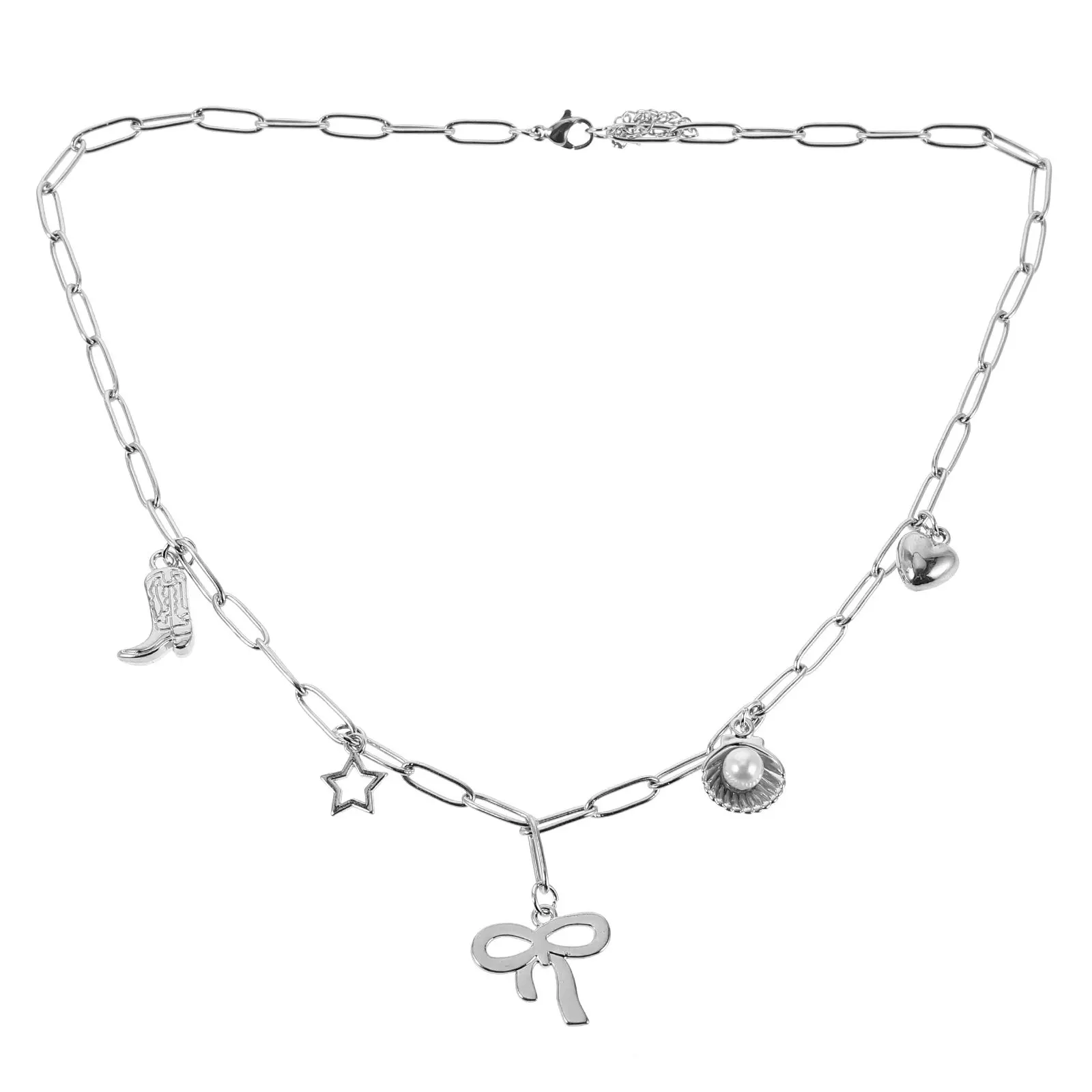 Western Cowboy Boot Pendant Necklace Rustic Chic Cowgirl Jewelry with Paperclip Chain Bow Knot Conch Charm Lightweight Daily
