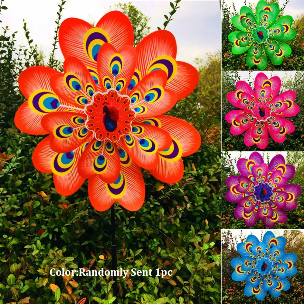 Multistyles Peacock Windmill Diameter 38cm Double Layered Standing Lawn Flower PVC Large Turntable