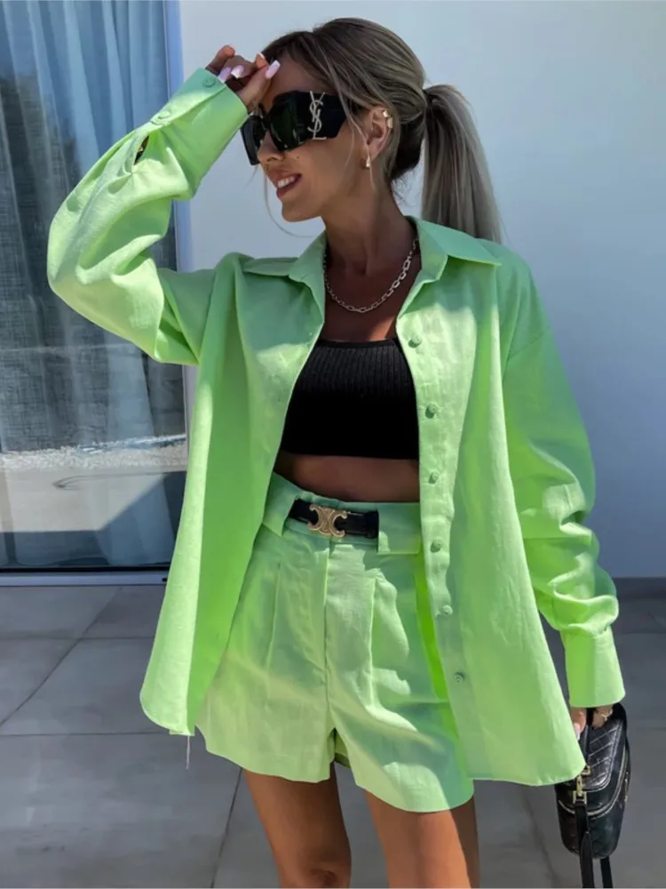 

Fashion Solid Color Short Two Piece Set Women Spring Summer Long Sleeve Shirts Shorts 2 Piece Sets Female Trendy Streetwear Suit