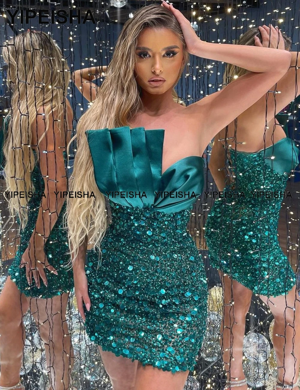 Customized Luxury Green Prom Dresses Sparkly Sequin Strapless Mini Party Gown Mermaid Short Cocktail Dress 2024 Vestido de Festa