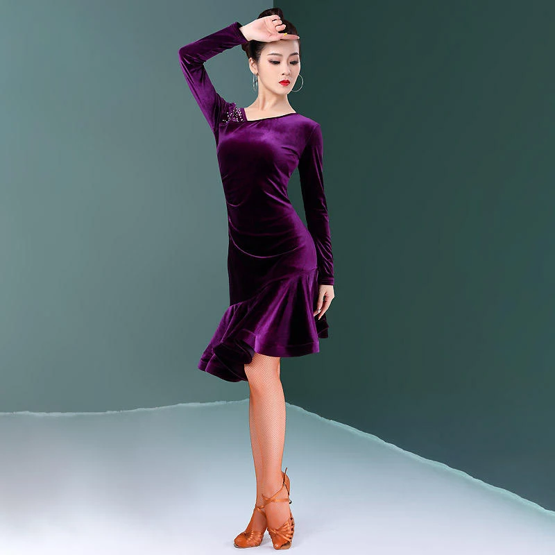 Latin Dance Dress Female Sexy Dress Performance Training Clothes Autumn and Winter Line Dance Clothing Plus Size Dresses Purple