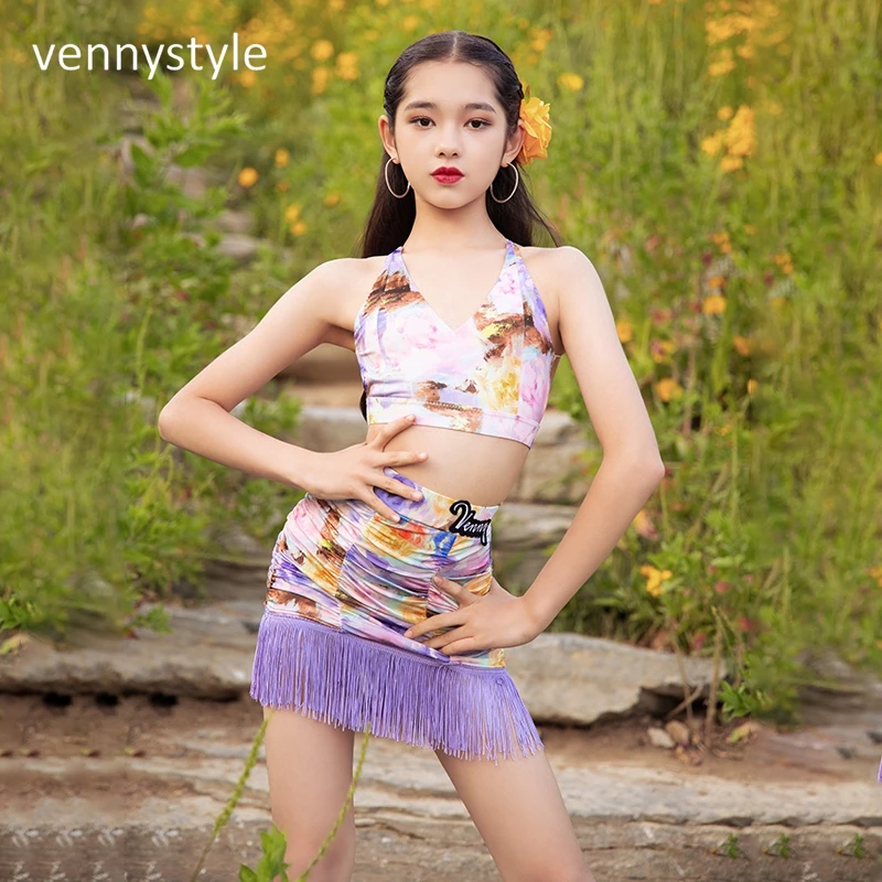 Venny Rumba Chacha Latin Dress Purple Sling Fringe Skirt Girls Performance Costume Kids Latin Dance Clothes Competition Dress