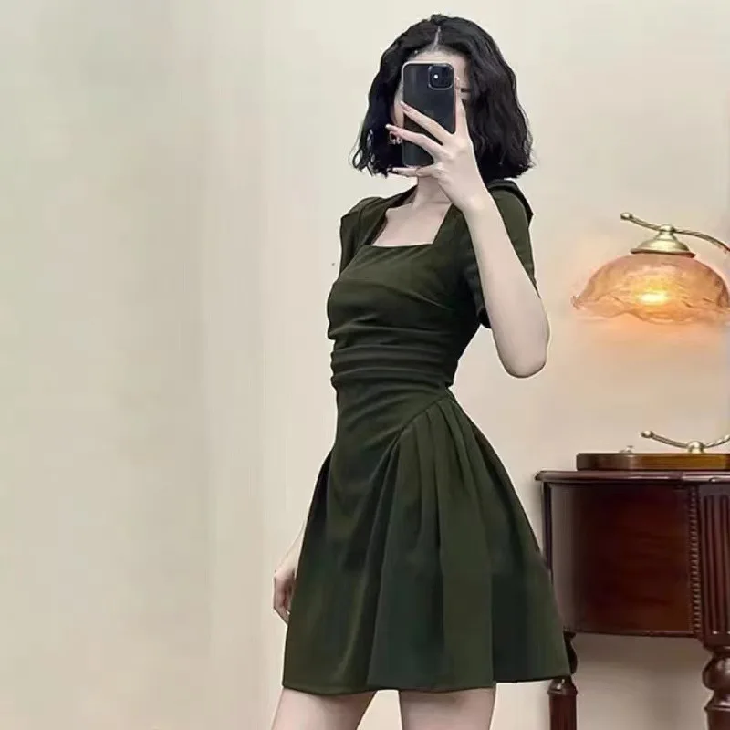 Women's Summer Green Square Neck Style Mini Dress New Design Sweet Spicy Black Dresses Female Slimming High Waisted A-Line Dress