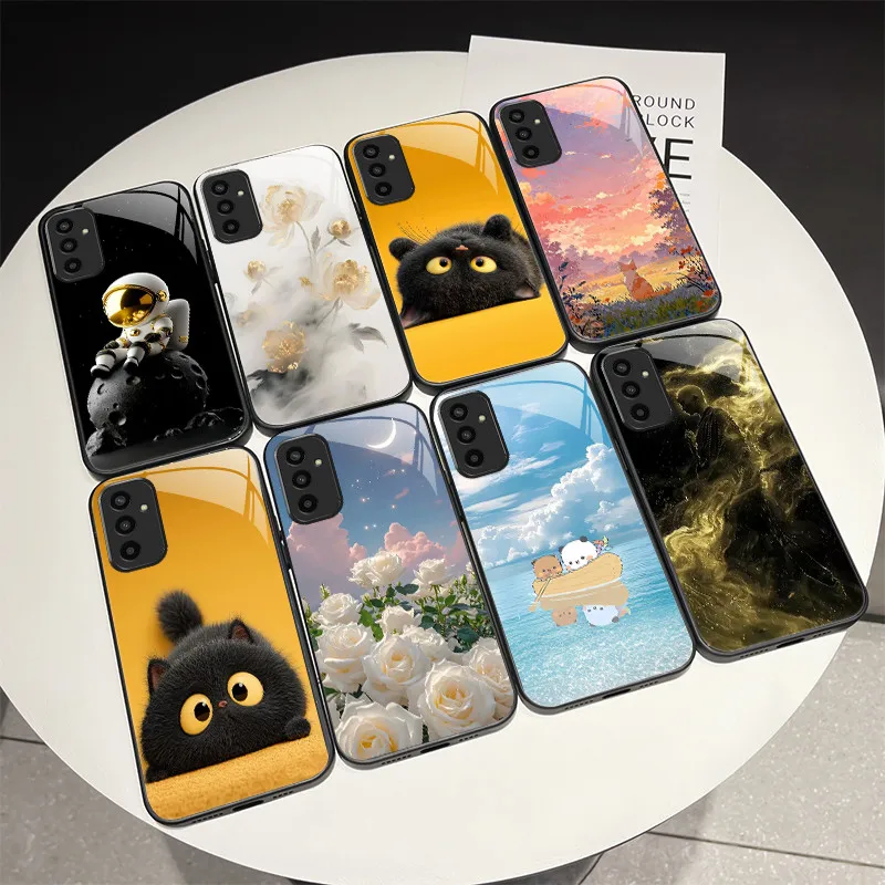 

Beautiful Flower Cute Cats Case For Samsung Galaxy M13 M23 Buddy 2 Tempered Glass Phone Case Protective Back Cover Hard Shell