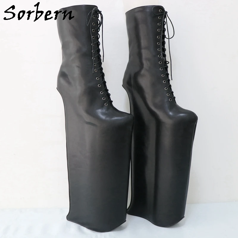 Sorbern 50cm High Heelless Mid Calf Boots For Women Wedge Platform Hidden Platform Black Drag Queen Booties Unisex Style