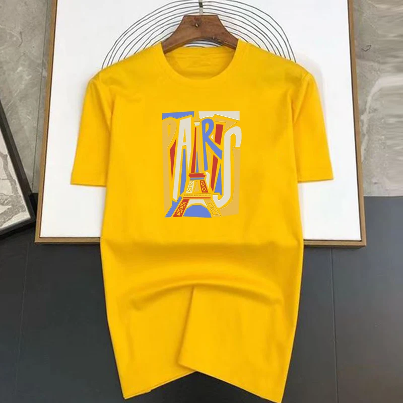 Colours New Paris Print Men\'s Summer Vintage Casual Pure Cotton Oversized T-shirt Streetwear Casual Fashion Clothing