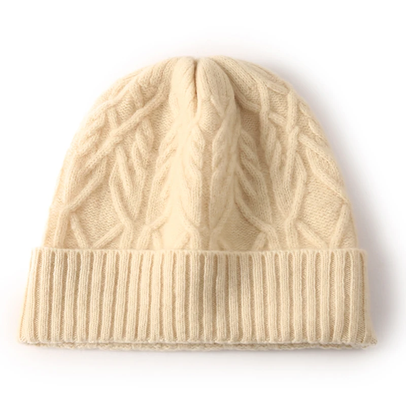 

100%Merino Wool Blend Thick Vintage Cable Beanies Women Solid Ribbed Hem Soft Knitted Cap Hat Wool Autumn Winter Warm Skull Caps