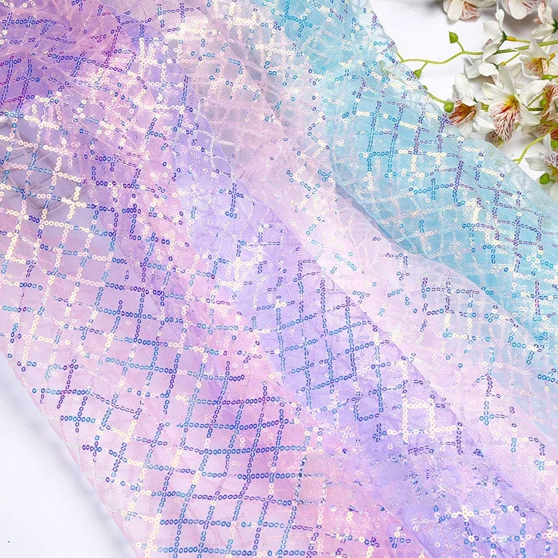 Manufacturer Wholesales Iridescent Fluorescent Sequin Fabric Checkered Embroidery Fabric Children's Clothing Skirt Fabric