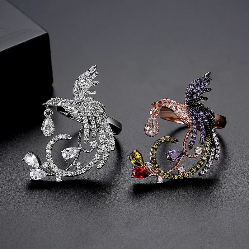 LUOTEEMI Phoenix Bird Rainbow Color CZ Finger Ring Luxury Animal Cubic Zirconia Women Party Jewelry Chinese Traditional Gifts