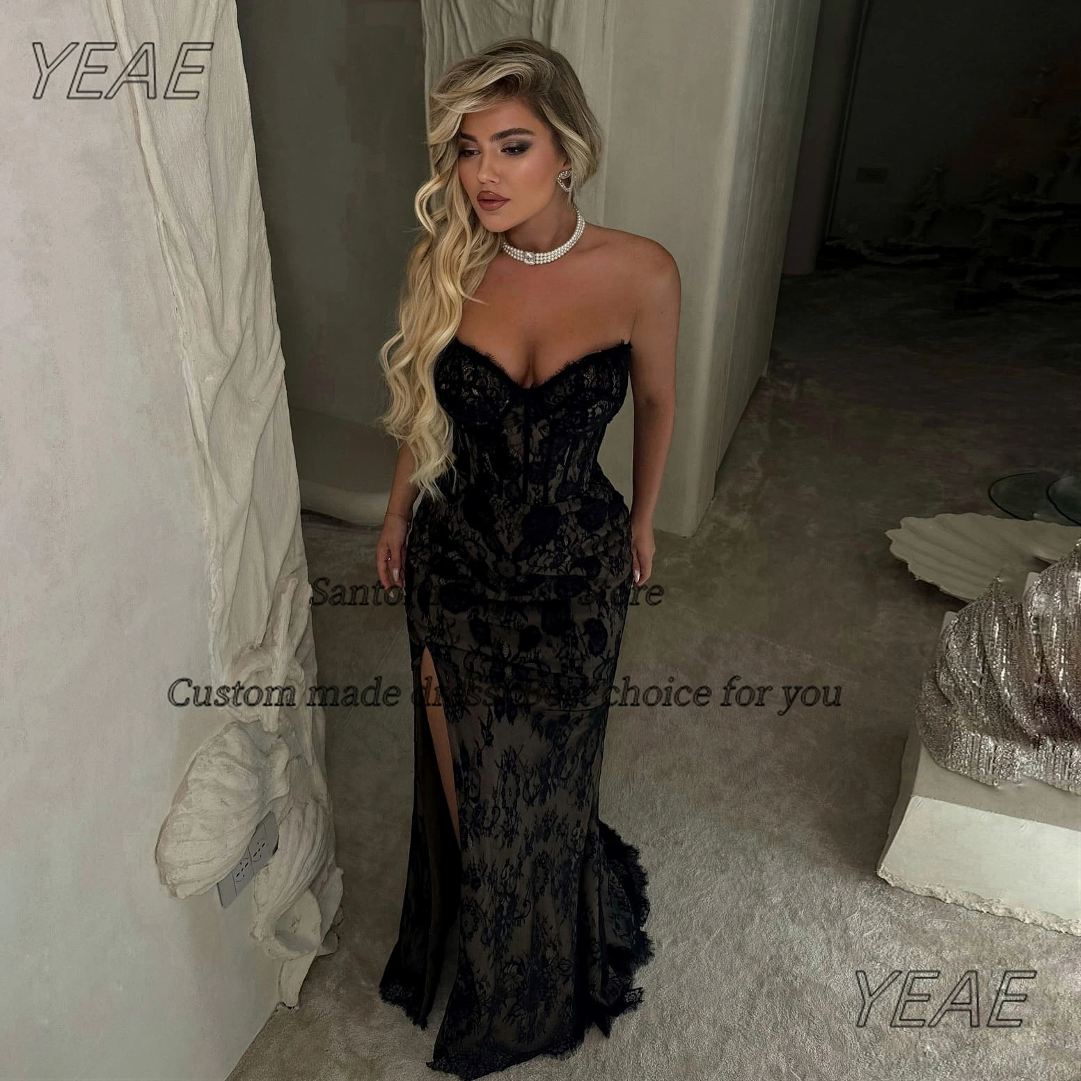 

Santorini Prom Dresses 2025 Sweetheart Long Side Slit Vestidos De Festa Sexy Backless Black Lace Evening Party Dress Customized