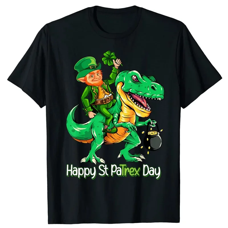 

St Patricks Day Leprechaun Riding Dinosaur Gift Kids Boys T-Shirt Gifts Family St Patricks Party Outfits Cute Graphic Tee Tops