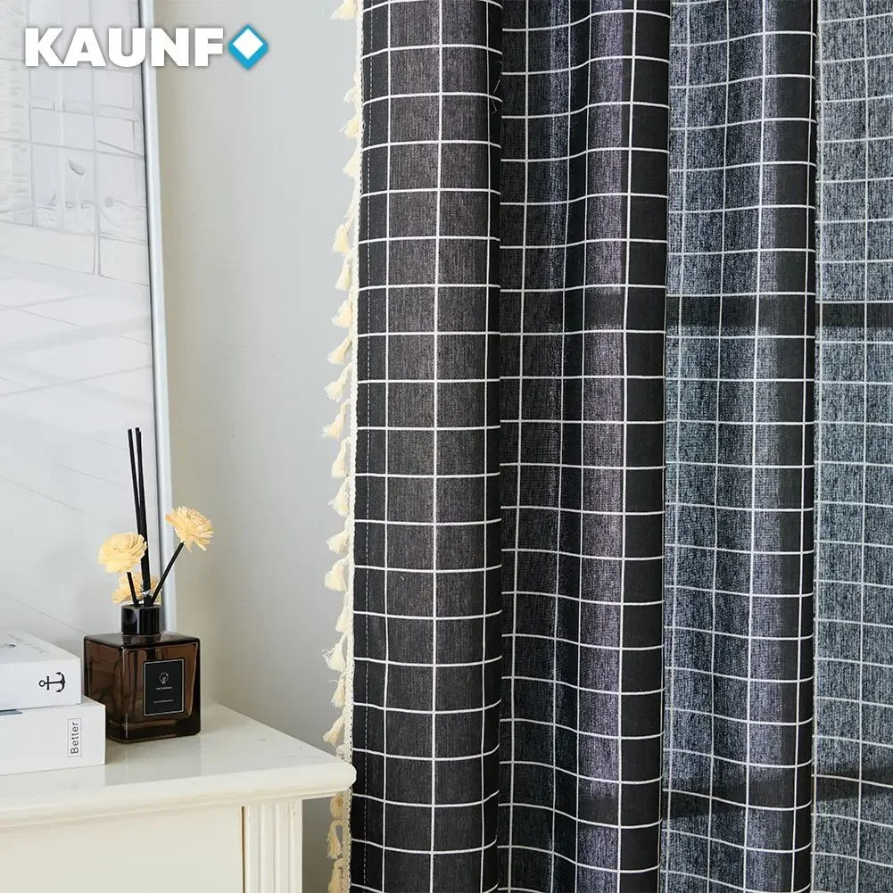 KAUNFO Modern Style Black White Plaid Curtain Window Shading for Kitchen Living Room Bedroom Ready Made Curtain 1PC