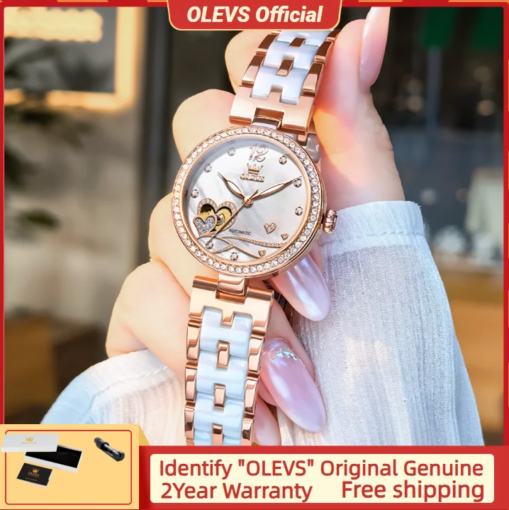 

OLEVS 7086 Женские часы Love Skeleton Механические часы с керамическим ремешком Водонепроницаемые элегантные автоматические женские часы