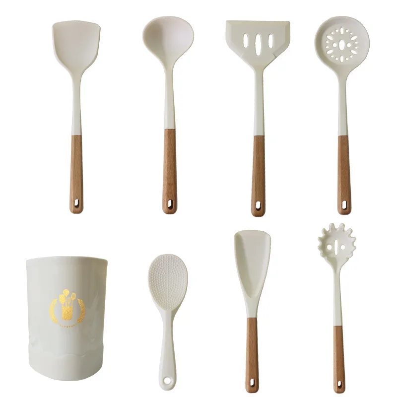 Non-stick Silicone Cooking Utensils Set  Kitchenware Wooden Handle Spatula Spoon Turner Soup Ladle Whisk Cookware  Kitchen Tools