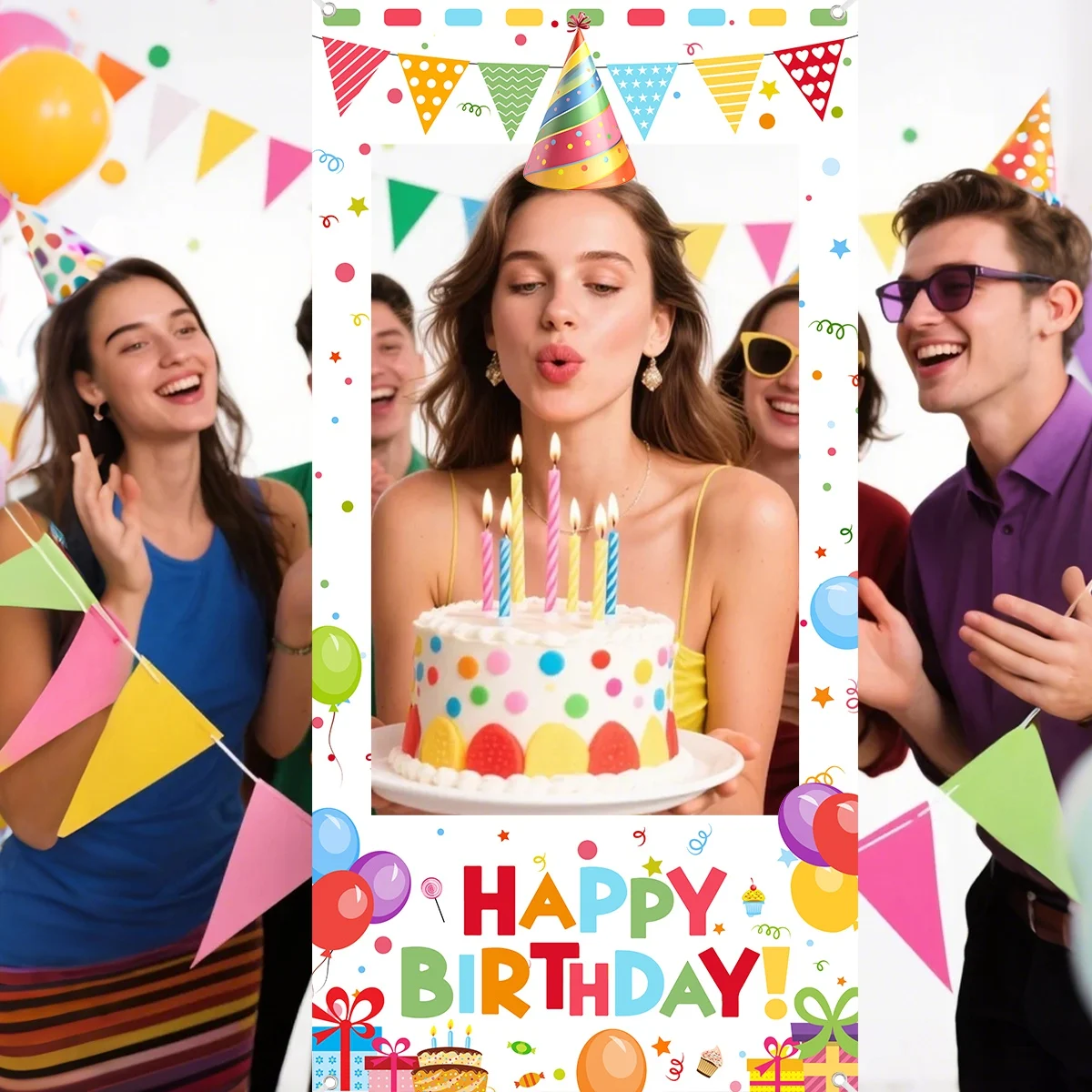 Bunte Happy-Birthday-Fotobox-Requisiten: Rahmen mit Ballonmuster für Erwachsenen-Geburtstagsfeiern, Hintergrund-Dekorationsrahmen – Detail 3