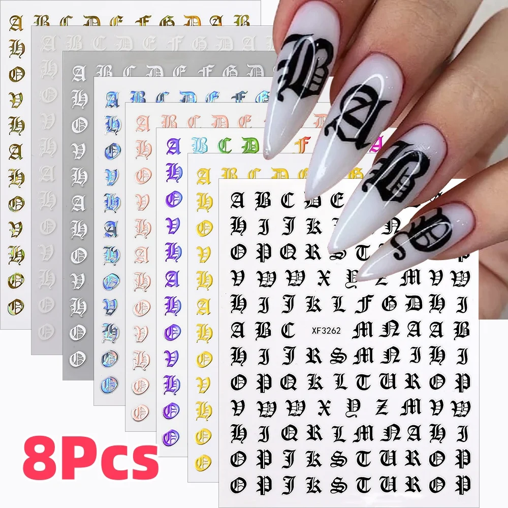 8 Stück 3D Gothic Schwarz Weiß Buchstaben Nail Art Aufkleber Altes Alphabet Selbstklebende Nagelaufkleber Englischer Buchstabe Maniküre Dekorationen