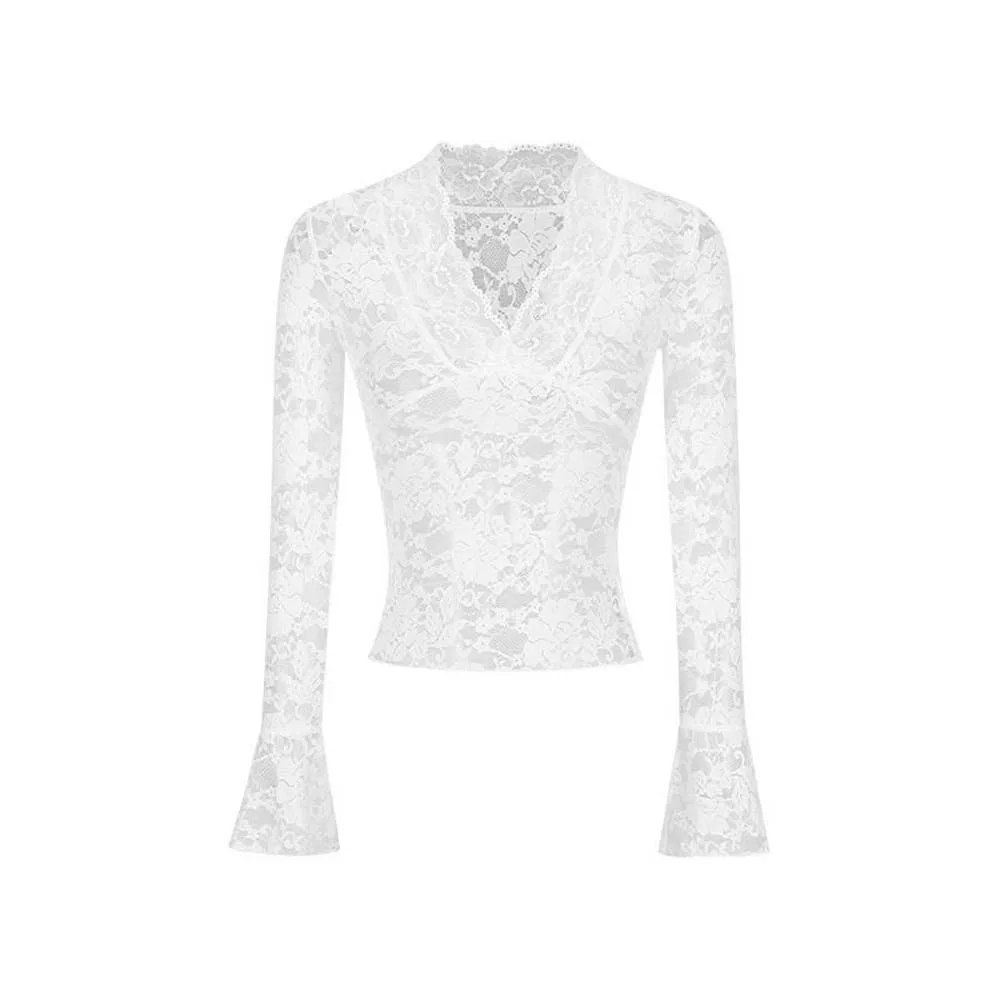 

Блузка с низким воротником и кружевным низом, тонкая пикантная одежда для девочек, облегающий топ во французском стиле, прозрачная кружевная рубашка с v-образным вырезом, уличная одежда