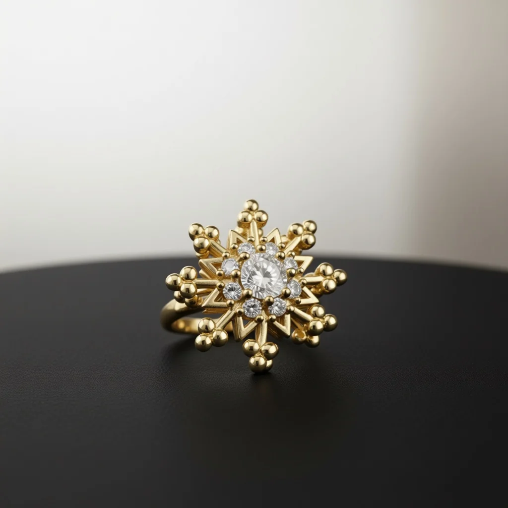 Women Silver‑Tone Snowflake Zircon Ring, Beaded Branch Cluster Pave Center Luxe Sparkling Jewelry Gift for Party Anniversary