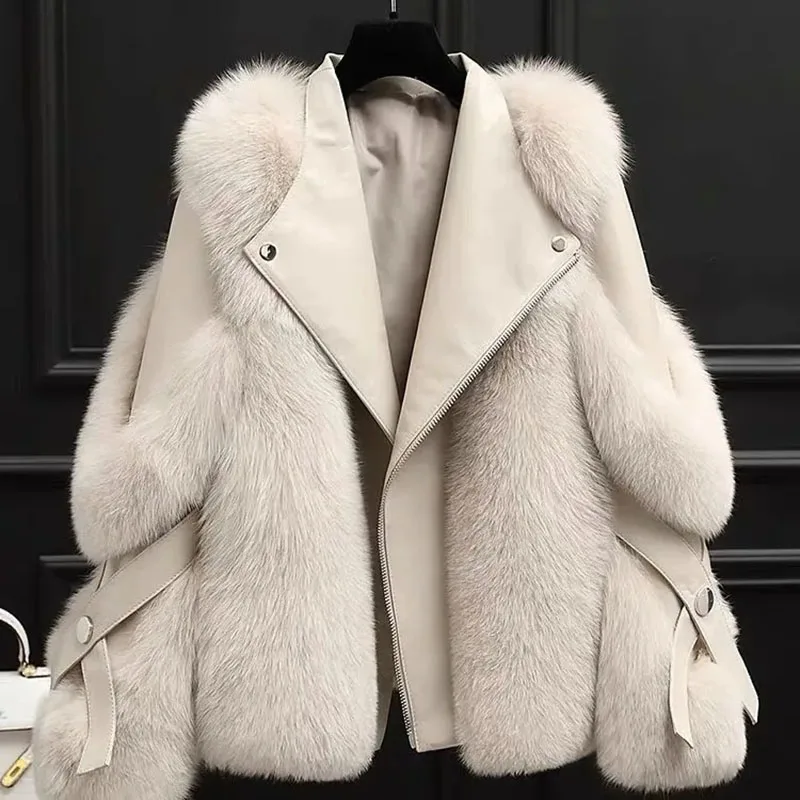 New Women\'s Fur Integrated Motorcycle Jacket Winter Warm Imitation Fox Fur Coat Fashion Snow Female Cold Resistant Fur Outerwear