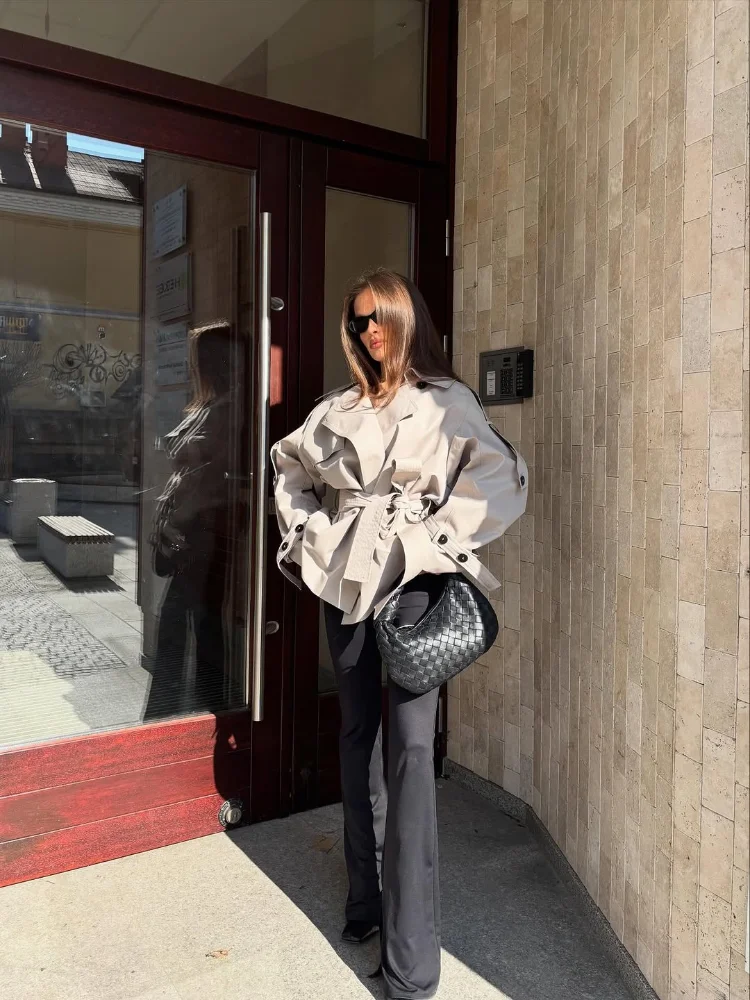 Fashion Women Office Jacket Chic Belt Double Breasted Lapel Long Sleeve Tunic Slim Female Coat Casual Spring Loose Streetwear