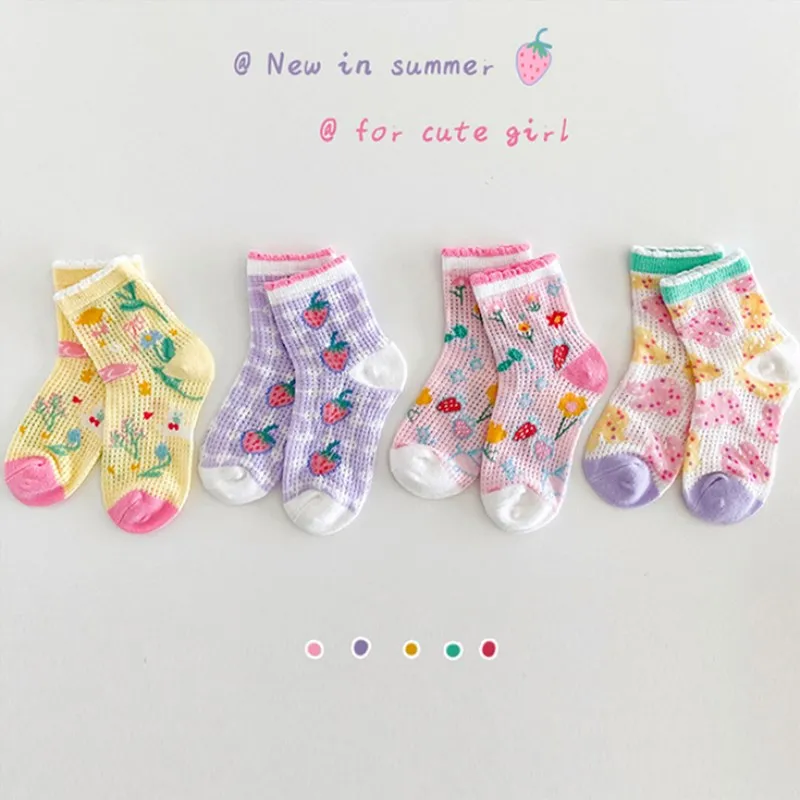 Baby Infant Socks Summer Mesh Socks Boys Girls Crew Socks 4 Pairs/lot Floral Pattern Thin Socks