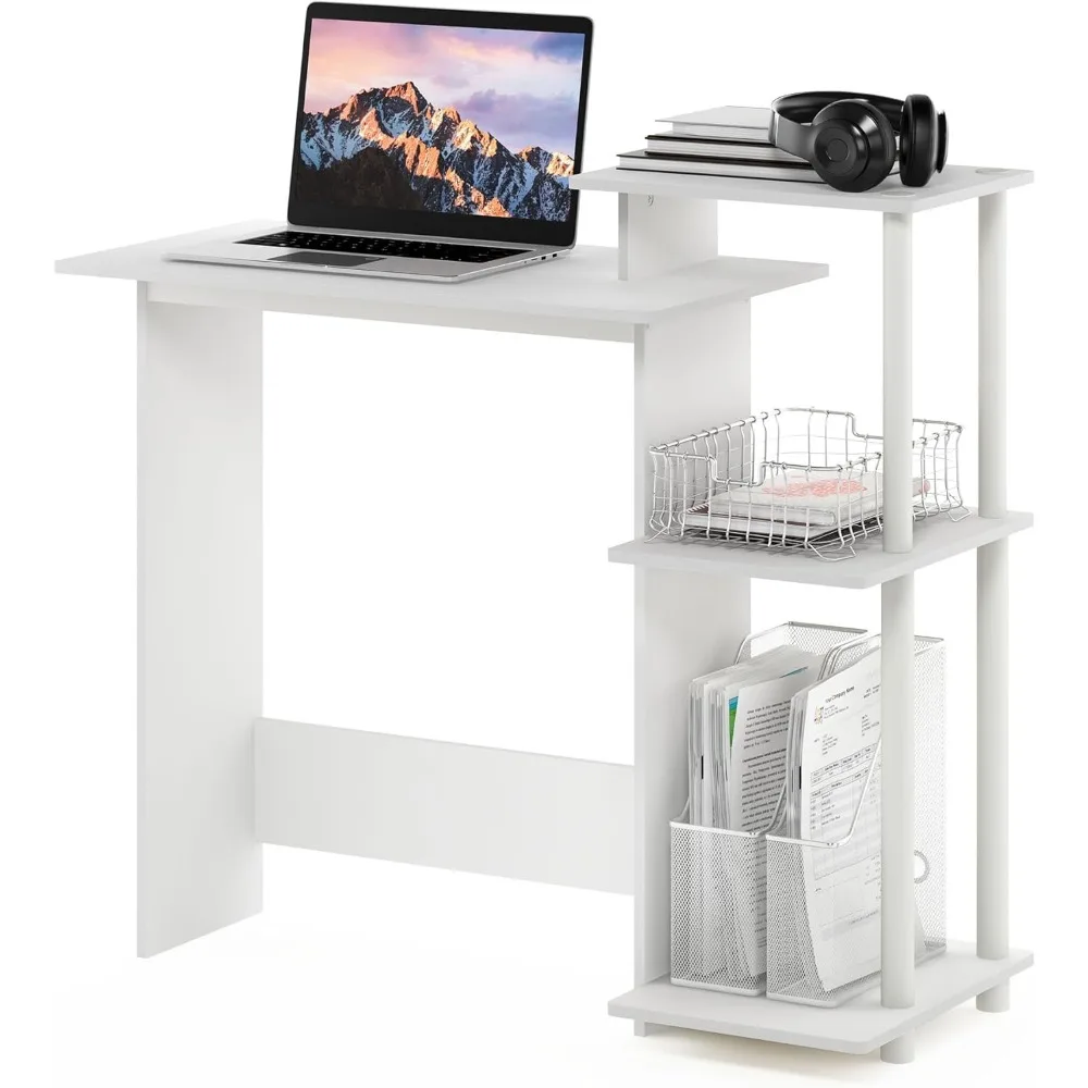 مكتب ألعاب مدمج مع 3 أرفف جانبية، طاولة كمبيوتر للمكتب المنزلي لغرفة الدراسة والنوم، أبيض
