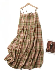 Women's Forest Style Retro Plaid Cotton Linen Suspenders Dresses Summer One-shoulder Sleeveless Large Hem Loose Long Sling Dress