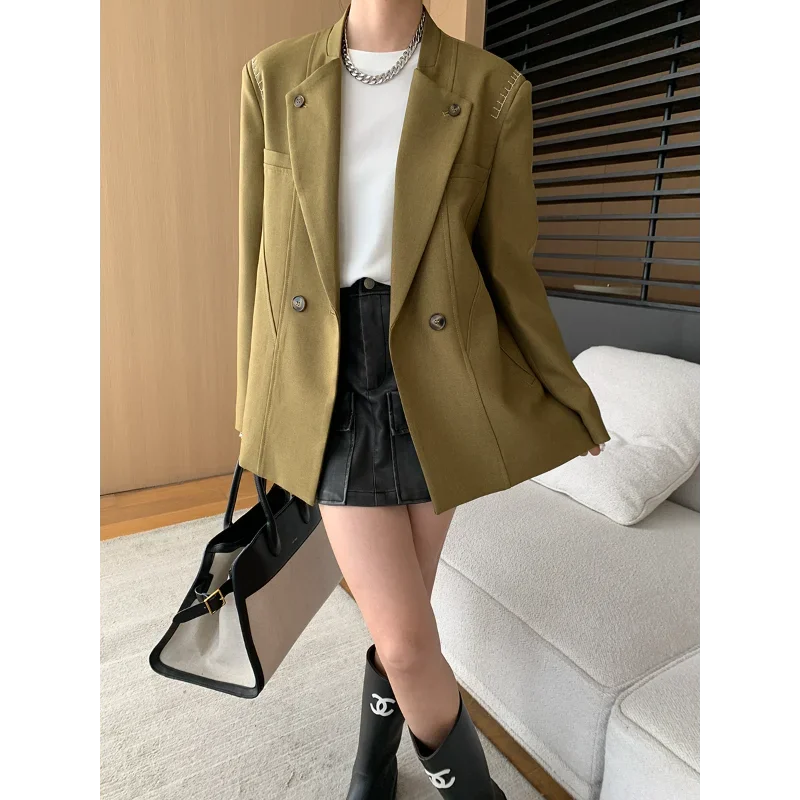 

Women Khaki Contrast Stitching Blazer Autumn New Korea Chic Casual Loose Fashion Vintage Wine French Office Lady Suit Coat