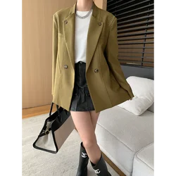 Women Khaki Contrast Stitching Blazer Autumn New Korea Chic Casual Loose Fashion Vintage Wine French Office Lady Suit Coat