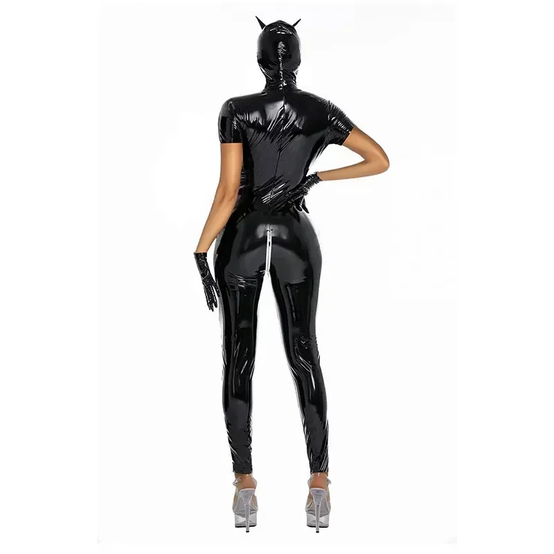 

Women Sexy Open Crotch Glossy Leather Bodysuit For Women Erotic Long Sleeve Catsuit Shiny Latex Jumpsuits Zipper Breast Exposing