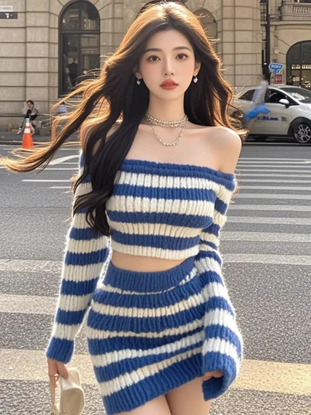 Color Block Off Shoulder Knit Set Ribbed Skirt and Top Coordinated Two Piece Outfit French Style Meraki Chic Casual Wear