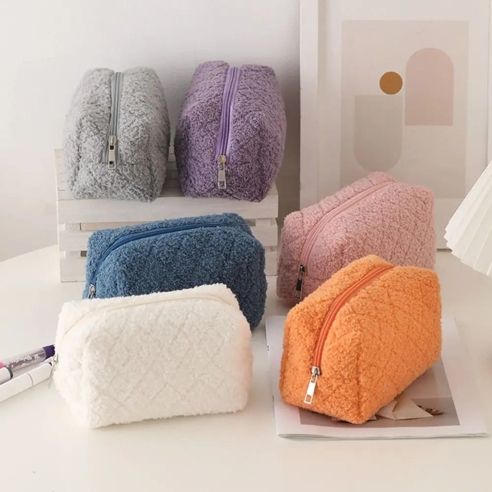 Large Capacity Plush Plush Pencil Case Fluffy Soft Pencil Bag Novelty Lovely Makeup Pouch Student Stationery