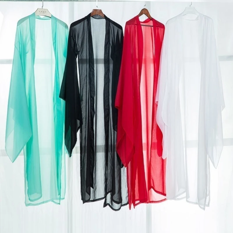 2025 ฤดูร้อนใหม่ผู้หญิงยาวชีฟองเสื้อสเวตเตอร์ถักครีมกันแดดแขนสามในสี่สีดําสีฟ้าสีขาวแฟชั่นเสื้อสเวตเตอร์ถักบาง