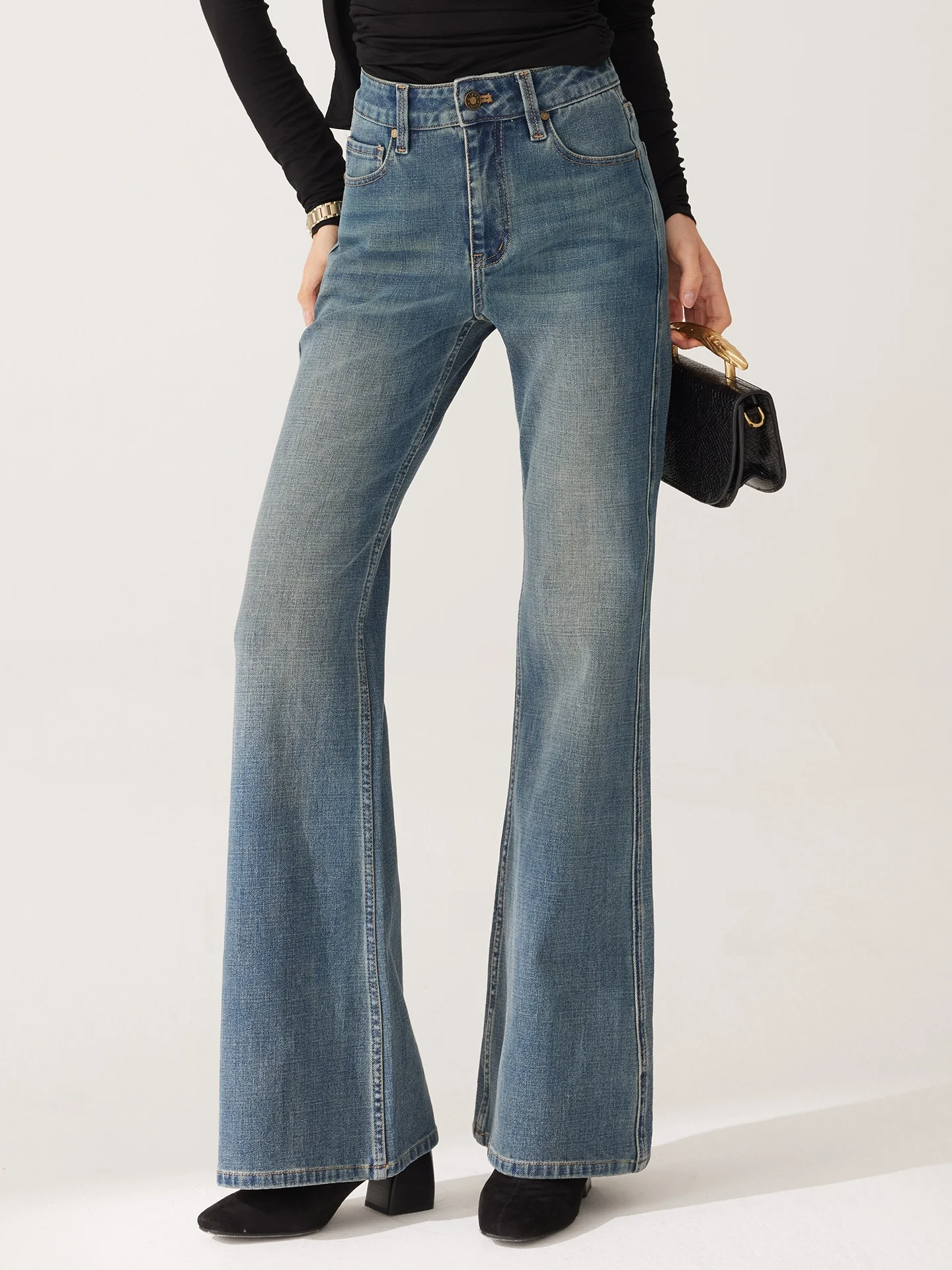 

Lipez винтажные женские джинсы-колокольчики со средней посадкой, эластичные брюки длиной до пола, супермодельные брюки из джинсовой ткани, застежка-молния